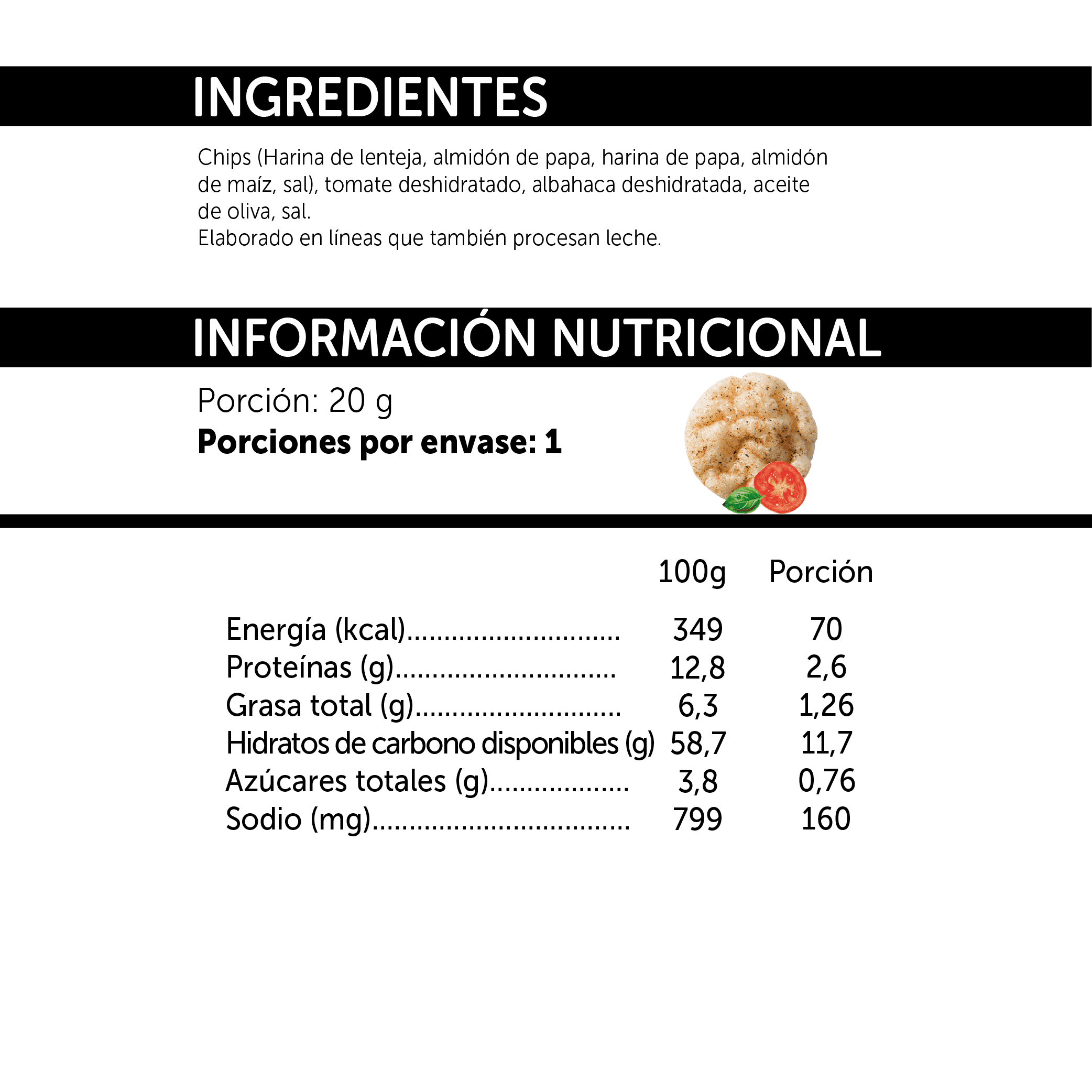 Mizos Popped Chips de lentejas con tomate y albahaca